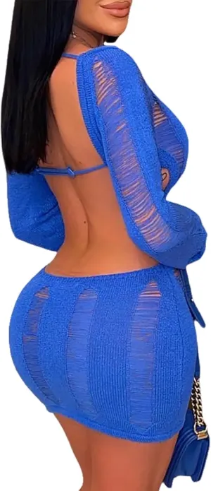 Women Sexy Crochet Knitted Hollow Out Long Sleeve Mini Dress Backless Bodycon Club Party Night Dress Y2K Dress
