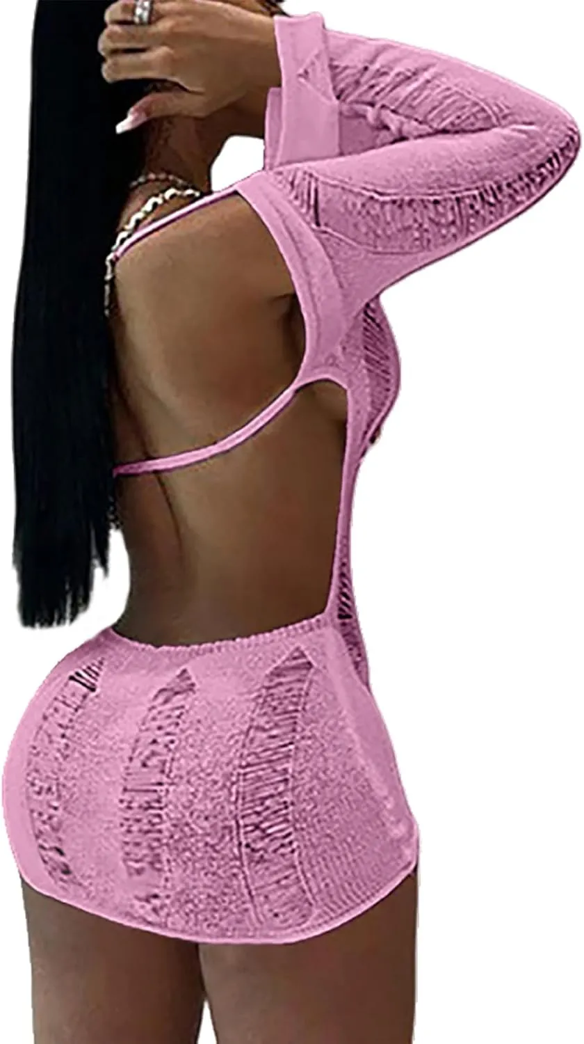Women Sexy Crochet Knitted Hollow Out Long Sleeve Mini Dress Backless Bodycon Club Party Night Dress Y2K Dress