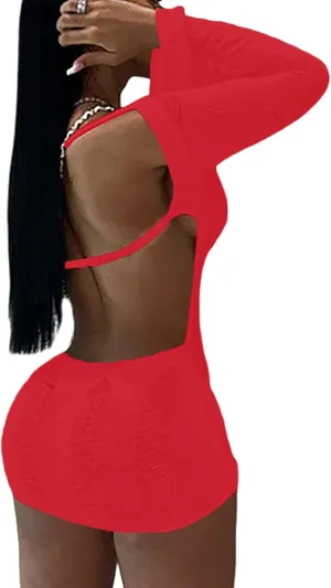 Women Sexy Crochet Knitted Hollow Out Long Sleeve Mini Dress Backless Bodycon Club Party Night Dress Y2K Dress