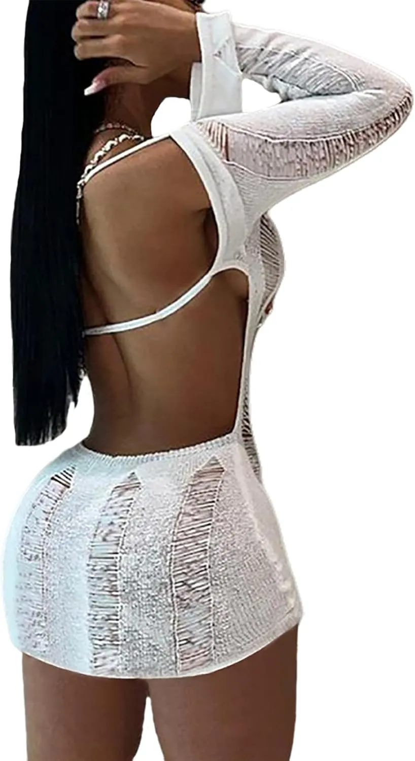 Women Sexy Crochet Knitted Hollow Out Long Sleeve Mini Dress Backless Bodycon Club Party Night Dress Y2K Dress