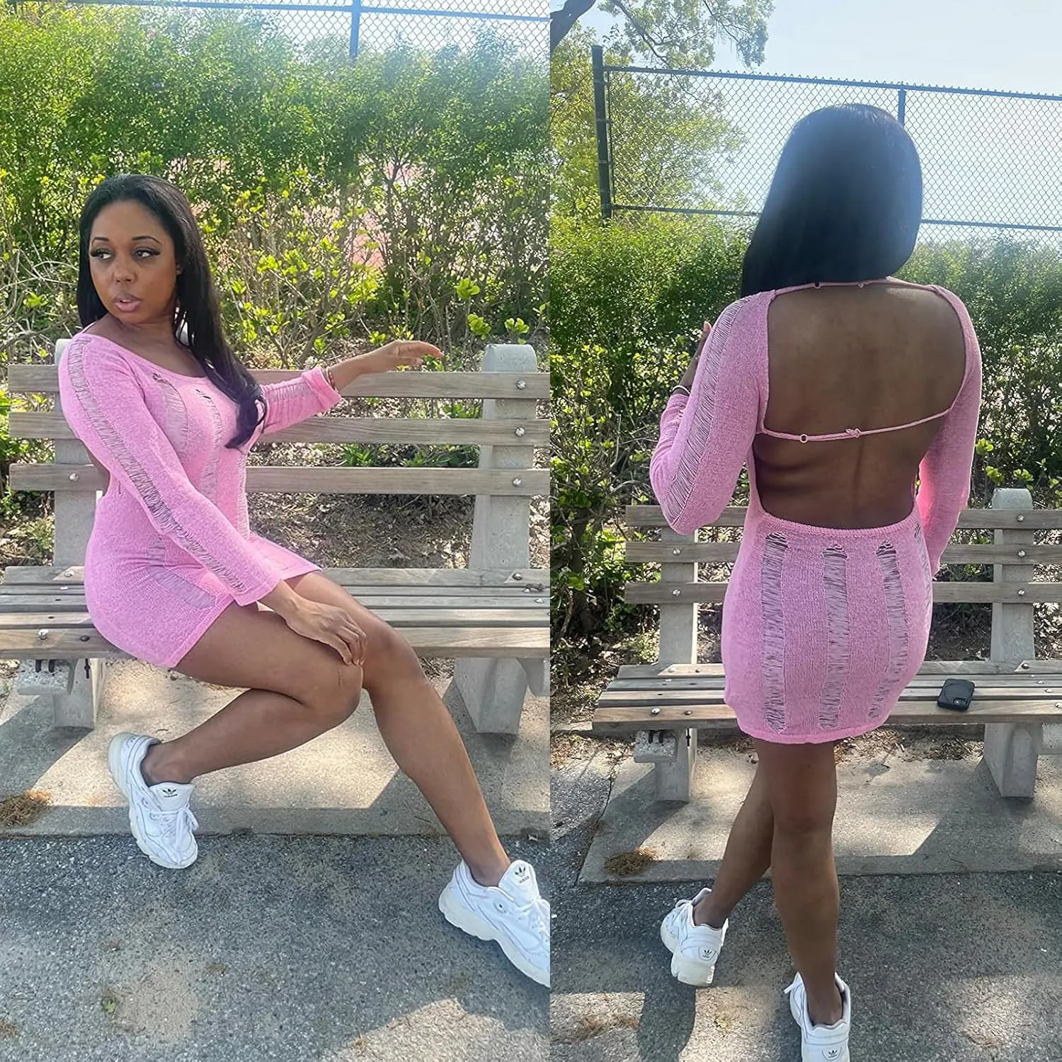 Women Sexy Crochet Knitted Hollow Out Long Sleeve Mini Dress Backless Bodycon Club Party Night Dress Y2K Dress