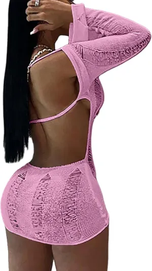 Women Sexy Crochet Knitted Hollow Out Long Sleeve Mini Dress Backless Bodycon Club Party Night Dress Y2K Dress