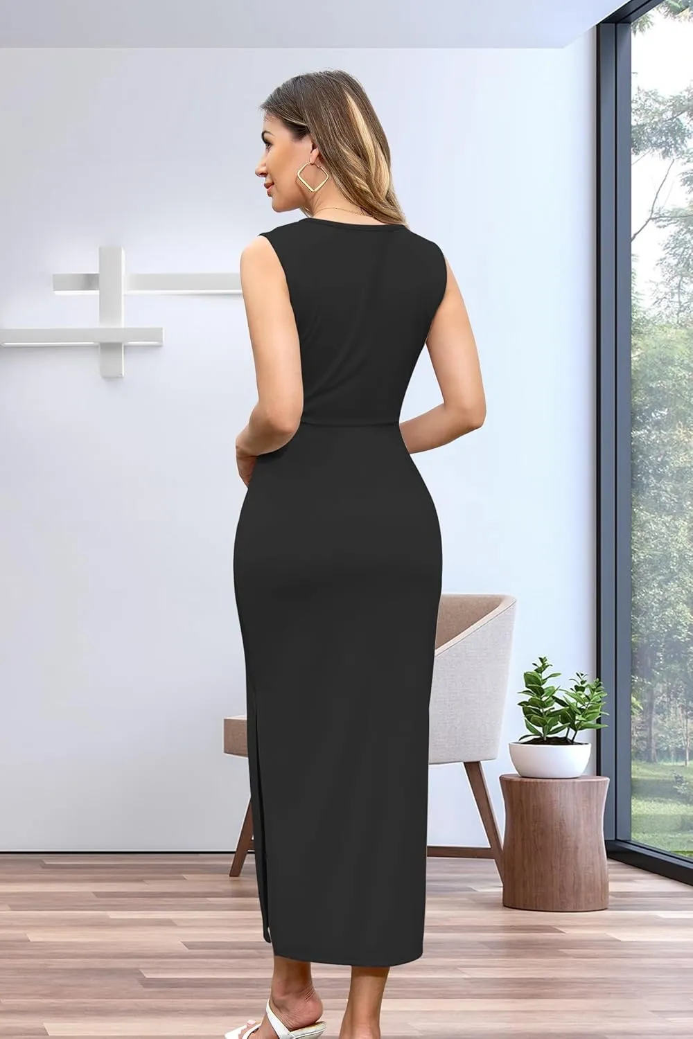 Women V Neck Sleeveless Bodycon Midi Dress Ruched Wrap Dress Cocktail Party Work Formal Tank Dresses