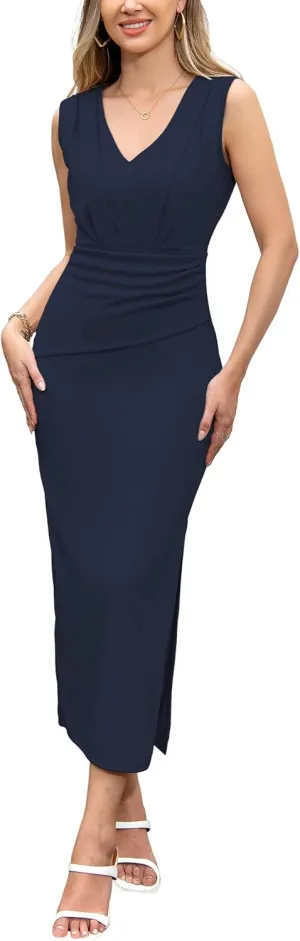 Women V Neck Sleeveless Bodycon Midi Dress Ruched Wrap Dress Cocktail Party Work Formal Tank Dresses