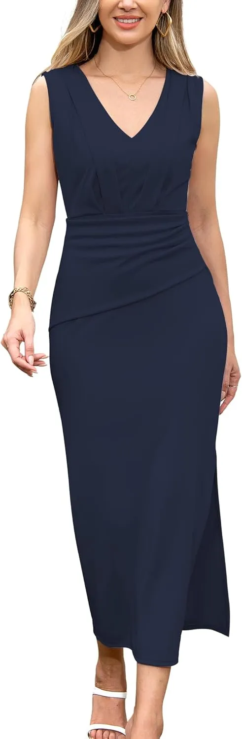 Women V Neck Sleeveless Bodycon Midi Dress Ruched Wrap Dress Cocktail Party Work Formal Tank Dresses