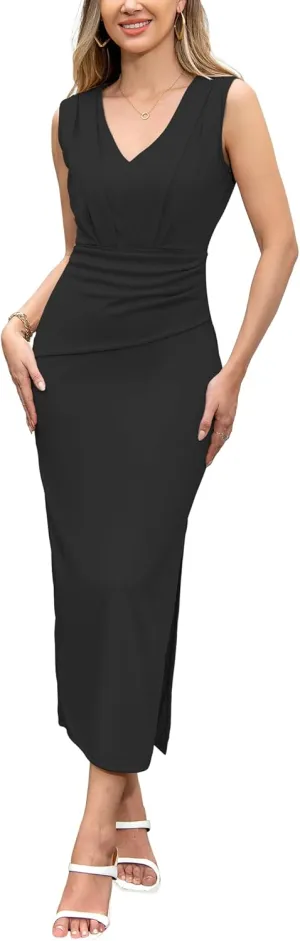 Women V Neck Sleeveless Bodycon Midi Dress Ruched Wrap Dress Cocktail Party Work Formal Tank Dresses