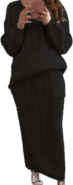 Women's 2 Piece Cable Knitted Long Sleeve Turtleneck Sweaters &Skirt Set with Pocket