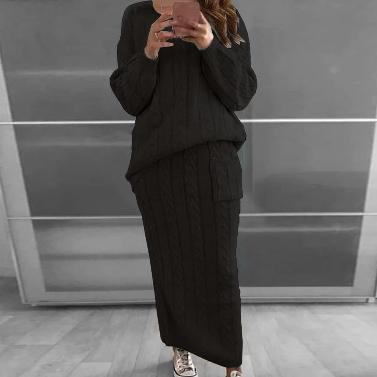 Women's 2 Piece Cable Knitted Long Sleeve Turtleneck Sweaters &Skirt Set with Pocket