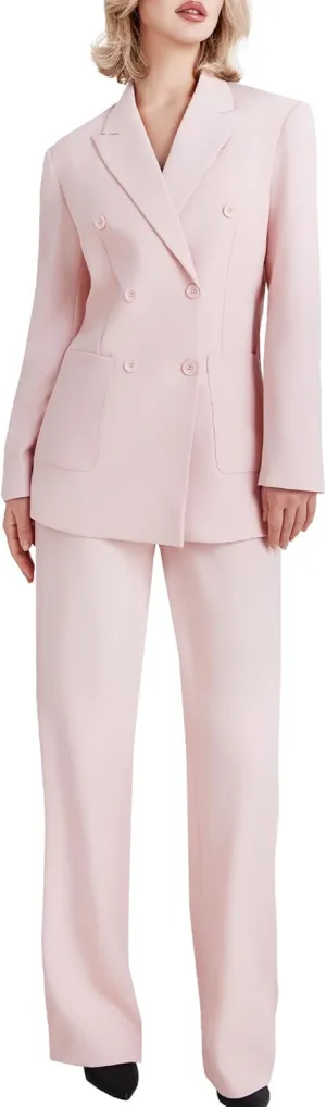 Women's 2 Piece Double Breasted Blazer and Wide Leg Pants Pocket Business Casual Office Suit