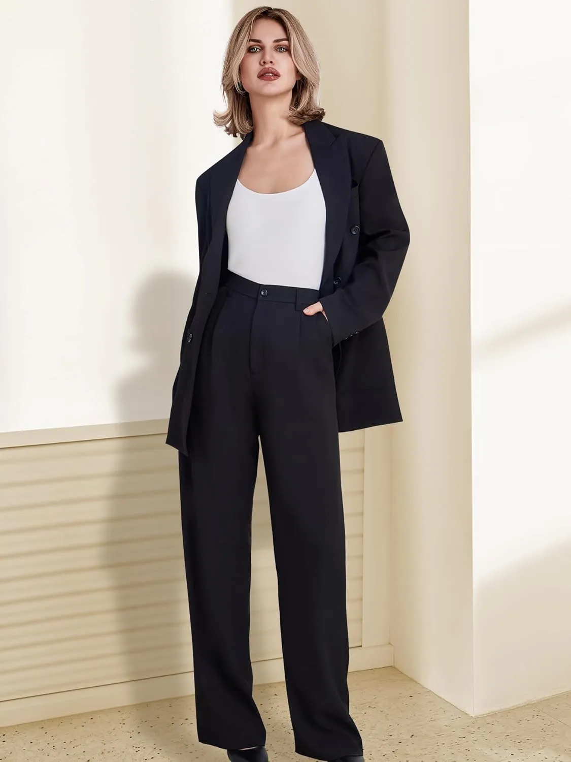 Women's 2 Piece Double Breasted Blazer and Wide Leg Pants Pocket Business Casual Office Suit