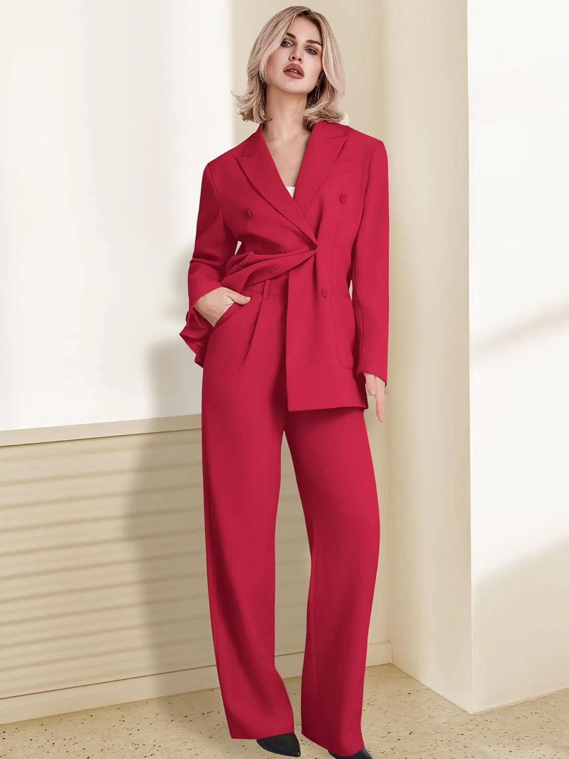 Women's 2 Piece Double Breasted Blazer and Wide Leg Pants Pocket Business Casual Office Suit