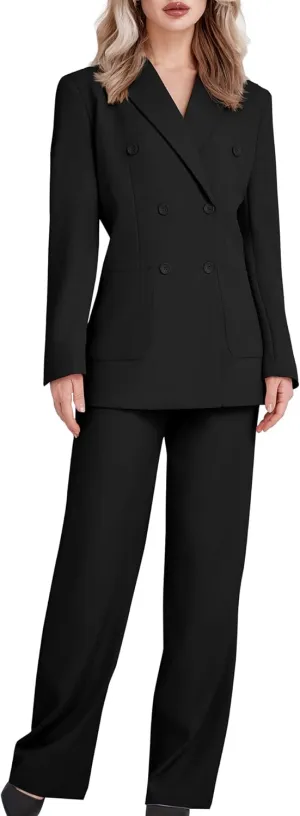 Women's 2 Piece Double Breasted Blazer and Wide Leg Pants Pocket Business Casual Office Suit