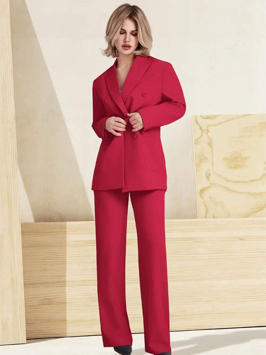 Women's 2 Piece Double Breasted Blazer and Wide Leg Pants Pocket Business Casual Office Suit