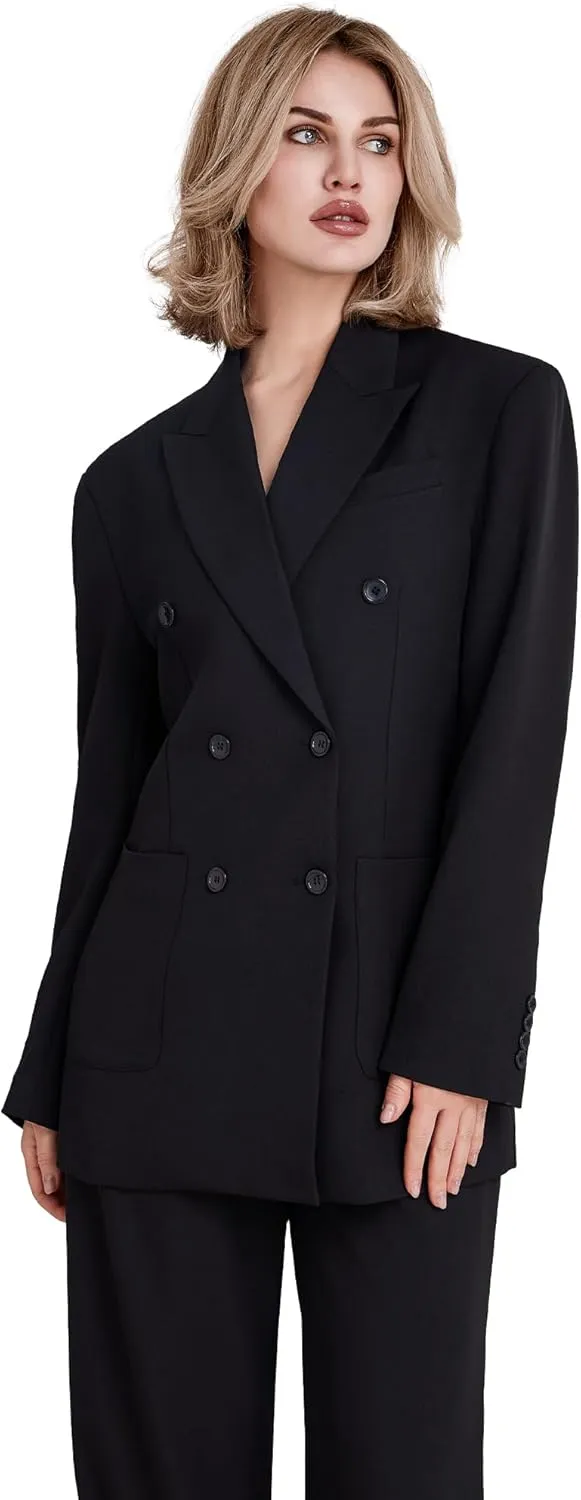 Women's 2 Piece Double Breasted Blazer and Wide Leg Pants Pocket Business Casual Office Suit