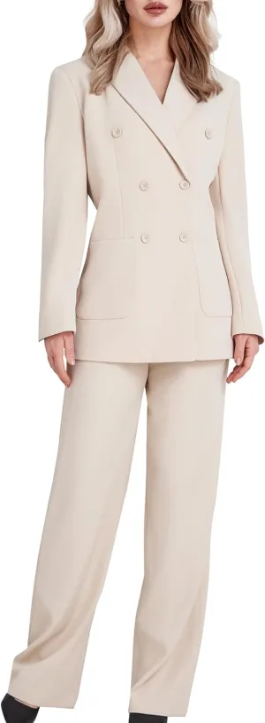 Women's 2 Piece Double Breasted Blazer and Wide Leg Pants Pocket Business Casual Office Suit