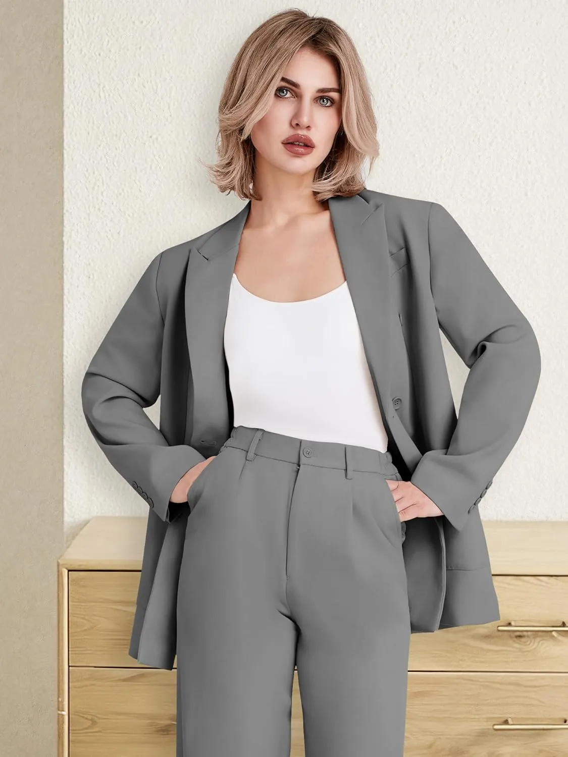 Women's 2 Piece Double Breasted Blazer and Wide Leg Pants Pocket Business Casual Office Suit