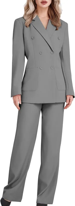 Women's 2 Piece Double Breasted Blazer and Wide Leg Pants Pocket Business Casual Office Suit