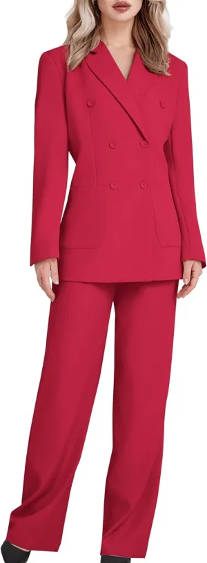 Women's 2 Piece Double Breasted Blazer and Wide Leg Pants Pocket Business Casual Office Suit