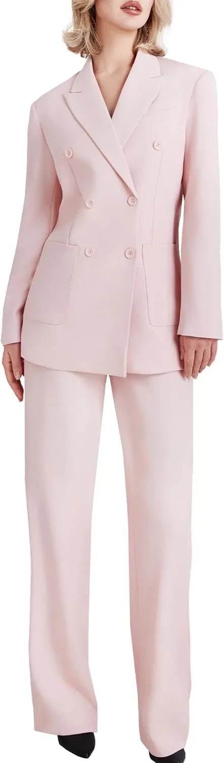 Women's 2 Piece Double Breasted Blazer and Wide Leg Pants Pocket Business Casual Office Suit
