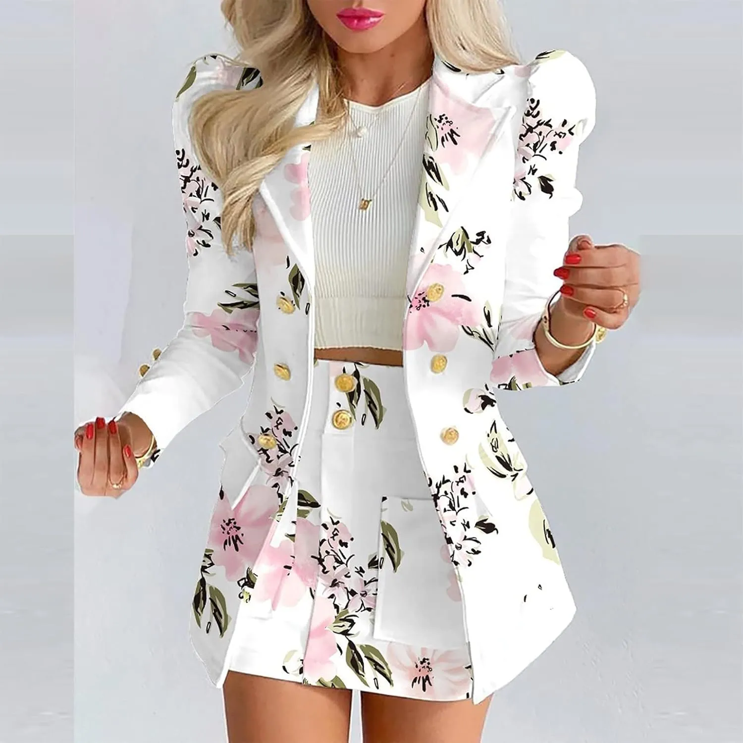 Women's 2 Piece Outfits Casual Solid Long Sleeve Suits Button Work Coat High Waist Blazer Jacket and Mini Skirt Set