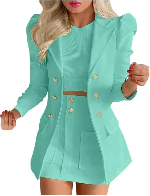 Women's 2 Piece Outfits Casual Solid Long Sleeve Suits Button Work Coat High Waist Blazer Jacket and Mini Skirt Set