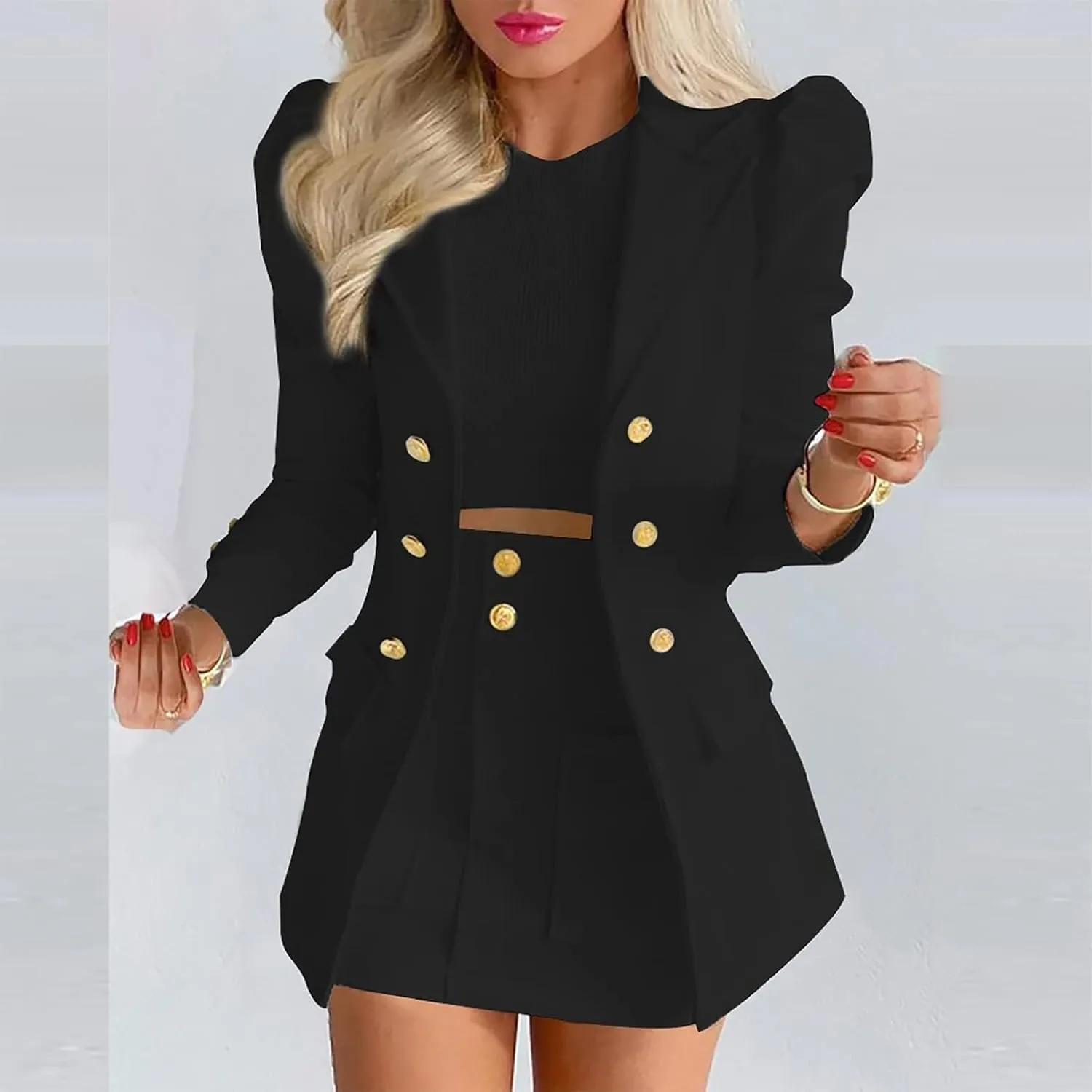 Women's 2 Piece Outfits Casual Solid Long Sleeve Suits Button Work Coat High Waist Blazer Jacket and Mini Skirt Set
