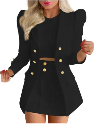 Women's 2 Piece Outfits Casual Solid Long Sleeve Suits Button Work Coat High Waist Blazer Jacket and Mini Skirt Set