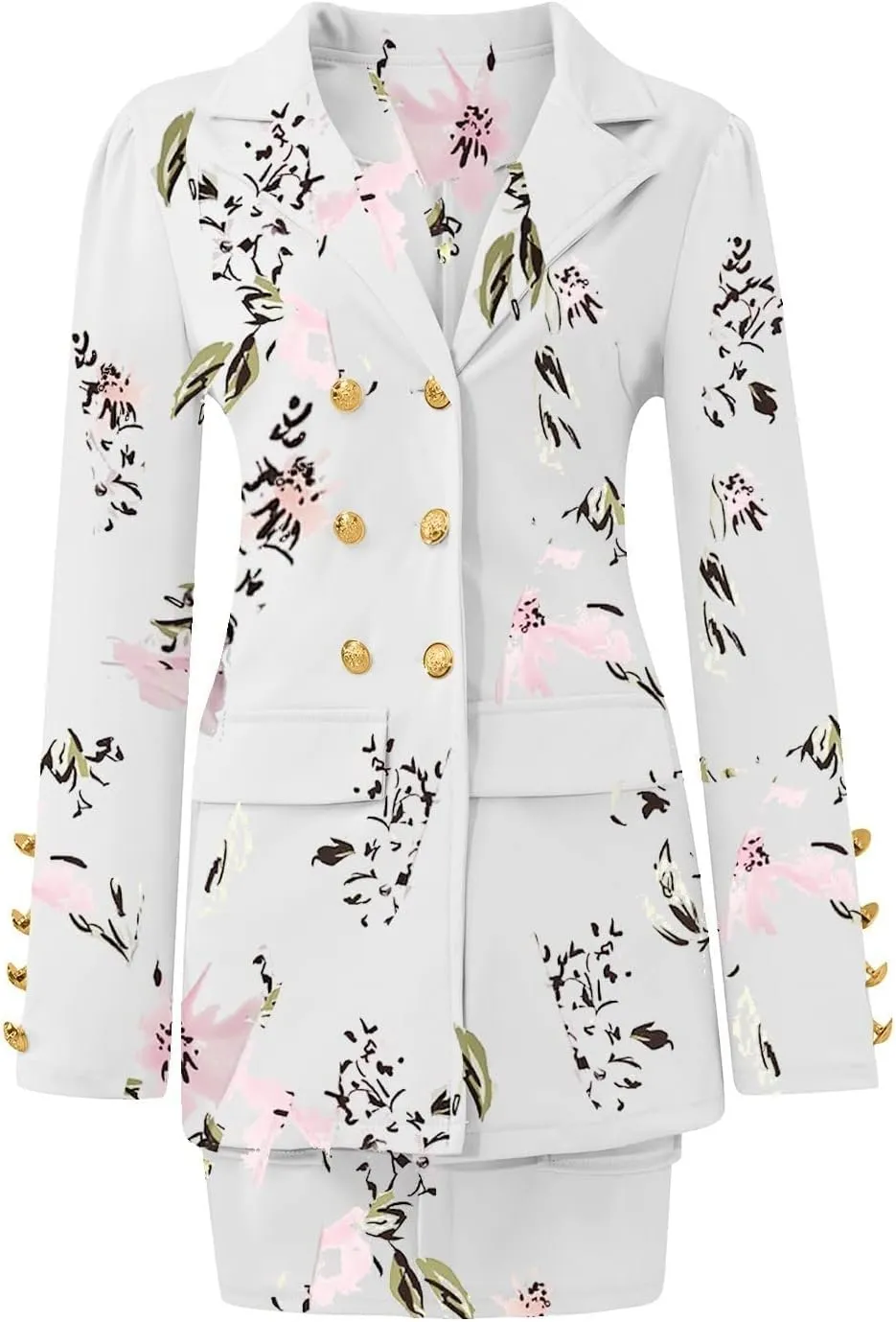 Women's 2 Piece Outfits Casual Solid Long Sleeve Suits Button Work Coat High Waist Blazer Jacket and Mini Skirt Set