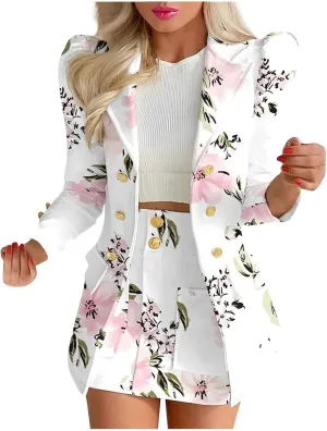 Women's 2 Piece Outfits Casual Solid Long Sleeve Suits Button Work Coat High Waist Blazer Jacket and Mini Skirt Set