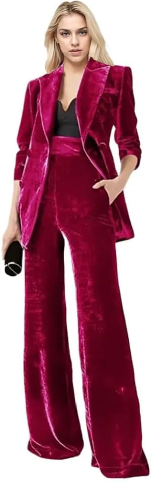 Women's 2 Piece Velvet Suit Office Work Suit Notch Lapel Double Breasted Blazer Pants Business Suit Set