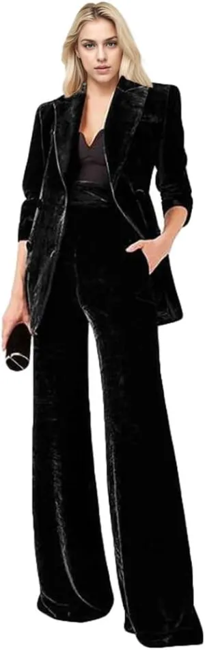 Women's 2 Piece Velvet Suit Office Work Suit Notch Lapel Double Breasted Blazer Pants Business Suit Set