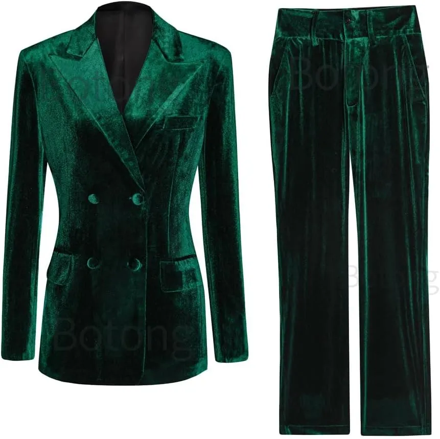 Women's 2 Piece Velvet Suit Office Work Suit Notch Lapel Double Breasted Blazer Pants Business Suit Set