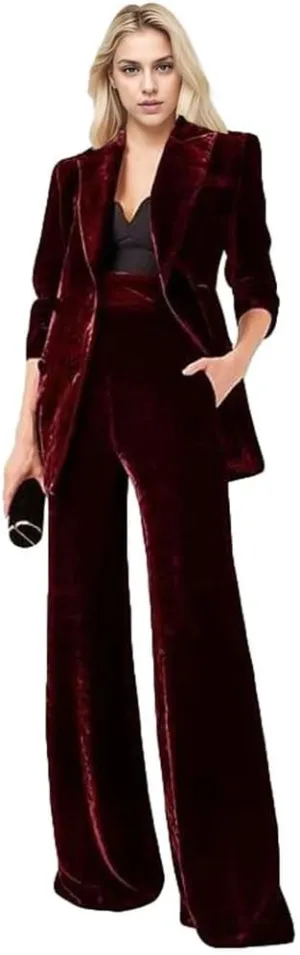 Women's 2 Piece Velvet Suit Office Work Suit Notch Lapel Double Breasted Blazer Pants Business Suit Set