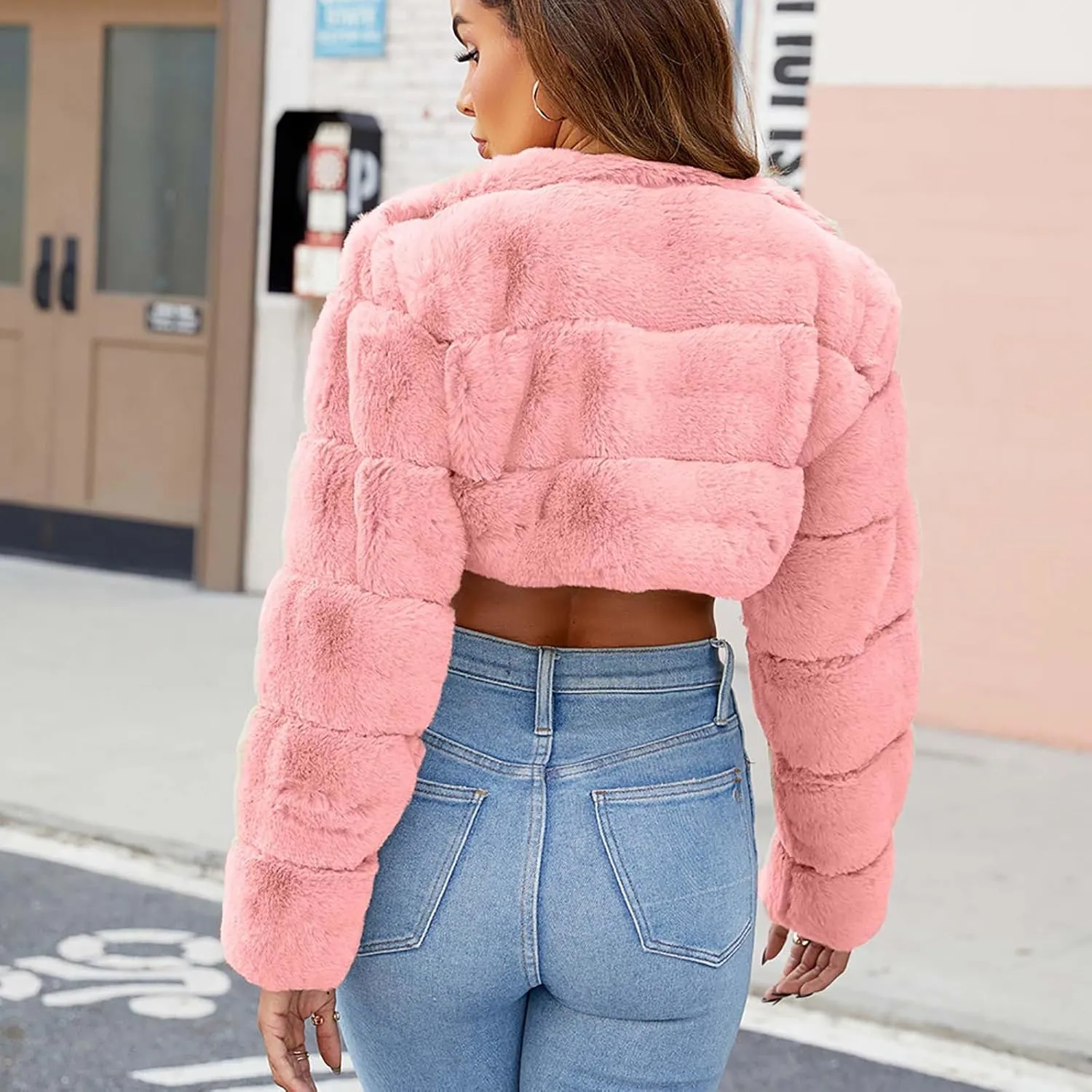 Women's 2024 Winter Coats Fleece Cropped Jacket Faux Fur Long Sleeve Cardigan Shaggy Warm Outerwear Fall Y2K Clothes