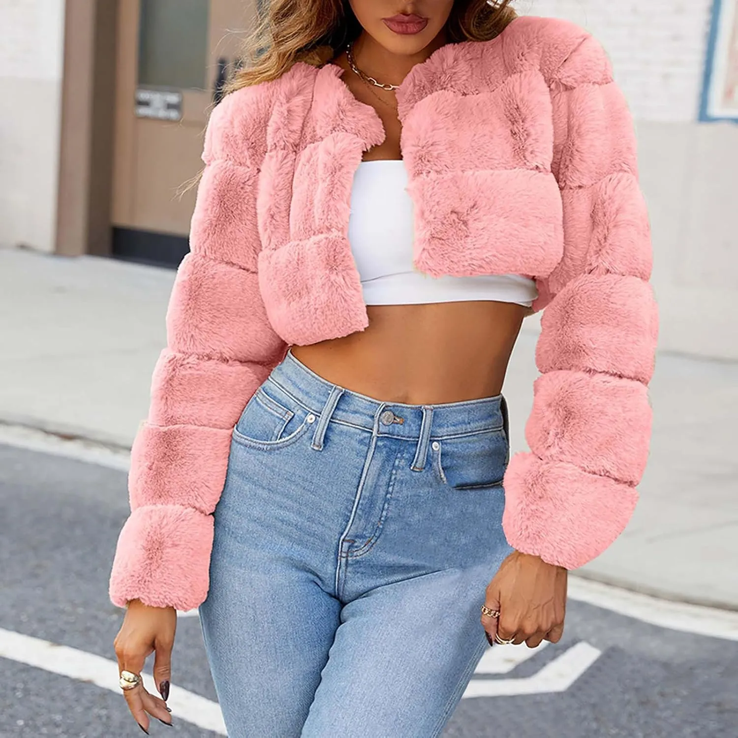 Women's 2024 Winter Coats Fleece Cropped Jacket Faux Fur Long Sleeve Cardigan Shaggy Warm Outerwear Fall Y2K Clothes
