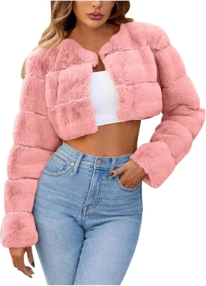 Women's 2024 Winter Coats Fleece Cropped Jacket Faux Fur Long Sleeve Cardigan Shaggy Warm Outerwear Fall Y2K Clothes