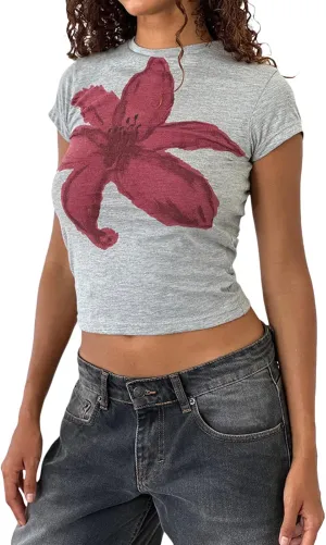 Womens Baby Tees Flower Graphic Print Y2k Tops Flower Aesthetic Slim Fit Crop Top