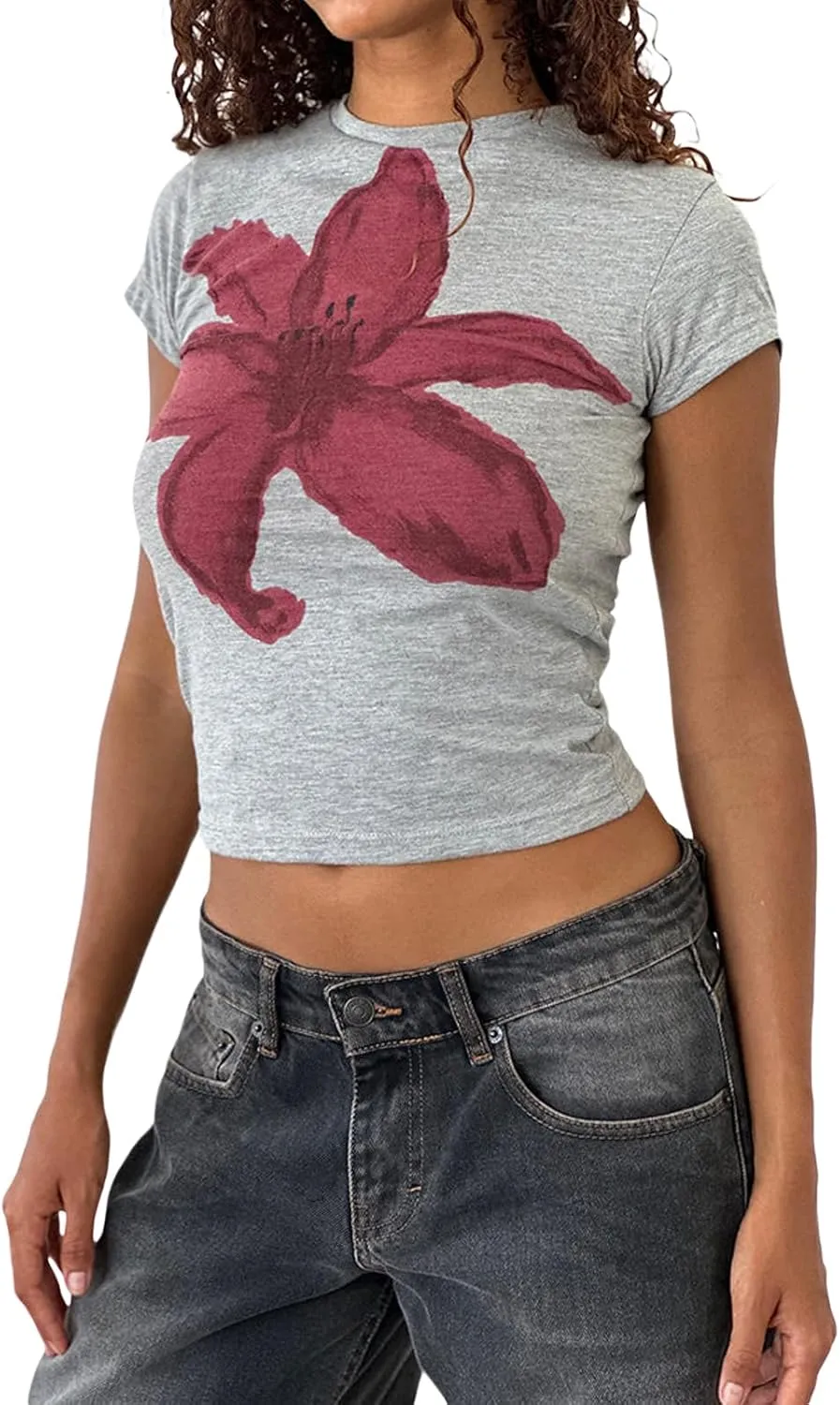 Womens Baby Tees Flower Graphic Print Y2k Tops Flower Aesthetic Slim Fit Crop Top