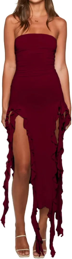 Women’s Bodycon Tube Dress Sexy Strapless Y2K Ruffle Trim Irregular Floral Tassel Split Ruched Club Night Party Midi Dress