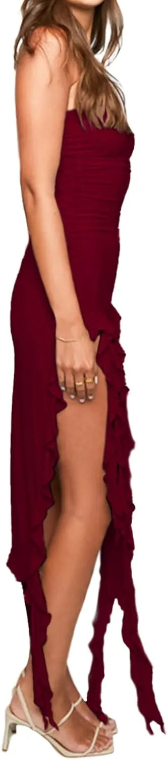 Women’s Bodycon Tube Dress Sexy Strapless Y2K Ruffle Trim Irregular Floral Tassel Split Ruched Club Night Party Midi Dress