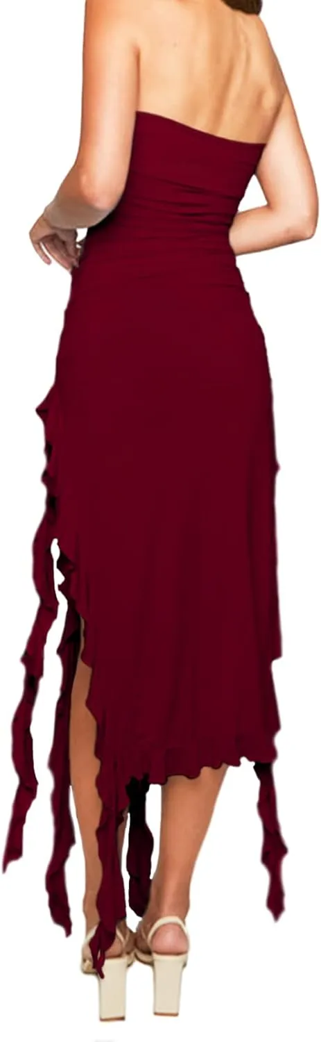 Women’s Bodycon Tube Dress Sexy Strapless Y2K Ruffle Trim Irregular Floral Tassel Split Ruched Club Night Party Midi Dress