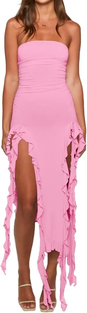 Women’s Bodycon Tube Dress Sexy Strapless Y2K Ruffle Trim Irregular Floral Tassel Split Ruched Club Night Party Midi Dress
