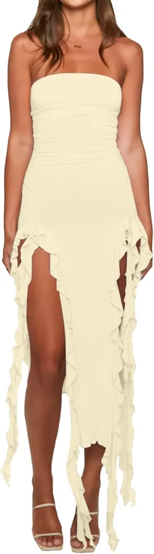 Women’s Bodycon Tube Dress Sexy Strapless Y2K Ruffle Trim Irregular Floral Tassel Split Ruched Club Night Party Midi Dress