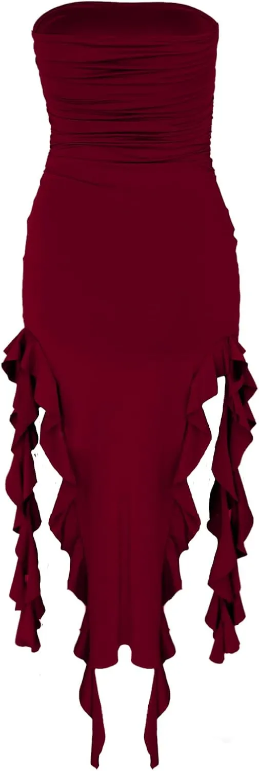 Women’s Bodycon Tube Dress Sexy Strapless Y2K Ruffle Trim Irregular Floral Tassel Split Ruched Club Night Party Midi Dress