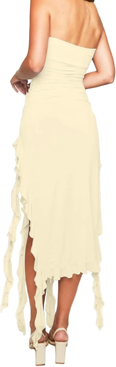 Women’s Bodycon Tube Dress Sexy Strapless Y2K Ruffle Trim Irregular Floral Tassel Split Ruched Club Night Party Midi Dress
