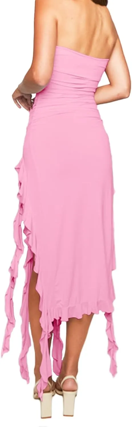 Women’s Bodycon Tube Dress Sexy Strapless Y2K Ruffle Trim Irregular Floral Tassel Split Ruched Club Night Party Midi Dress