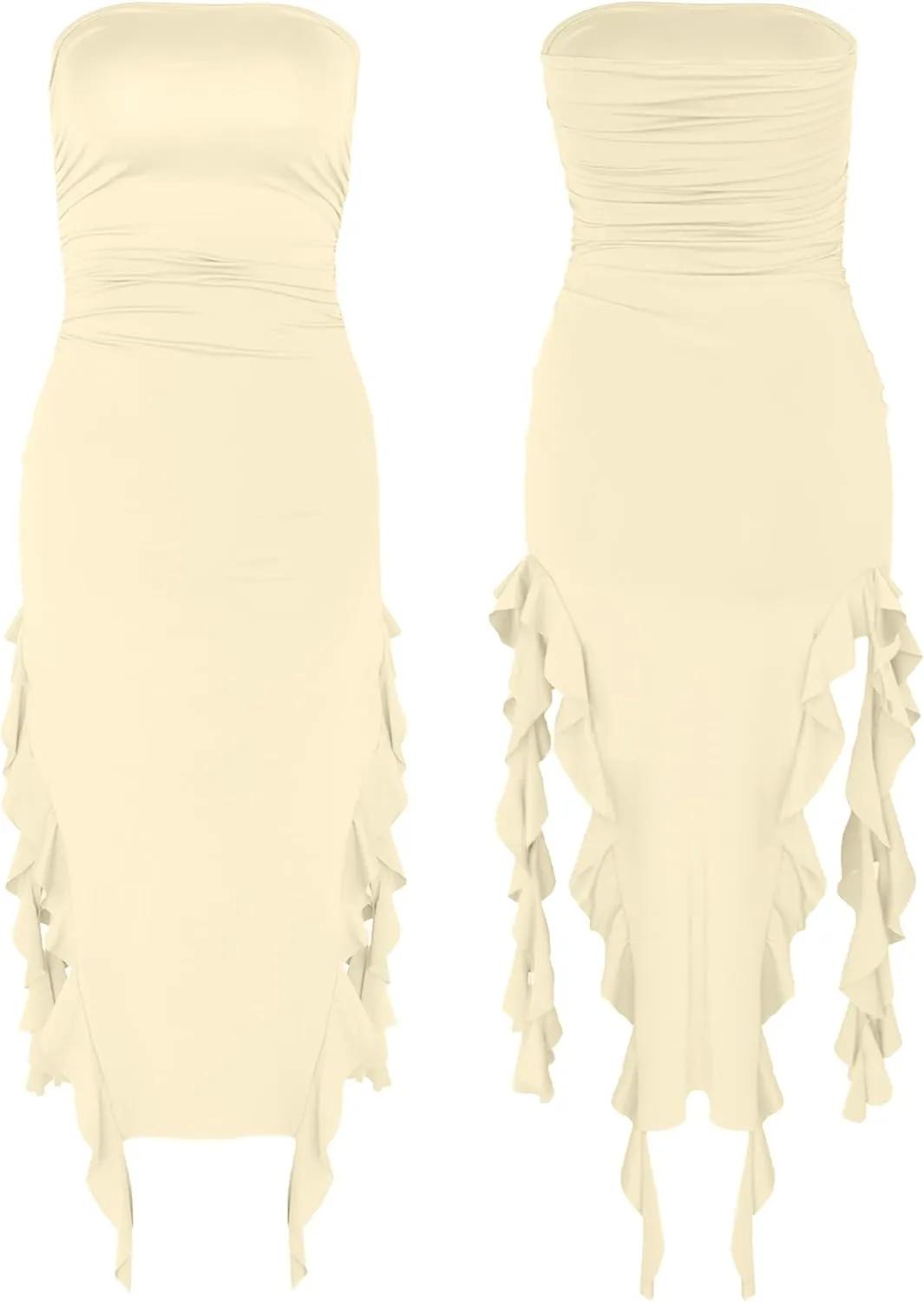 Women’s Bodycon Tube Dress Sexy Strapless Y2K Ruffle Trim Irregular Floral Tassel Split Ruched Club Night Party Midi Dress