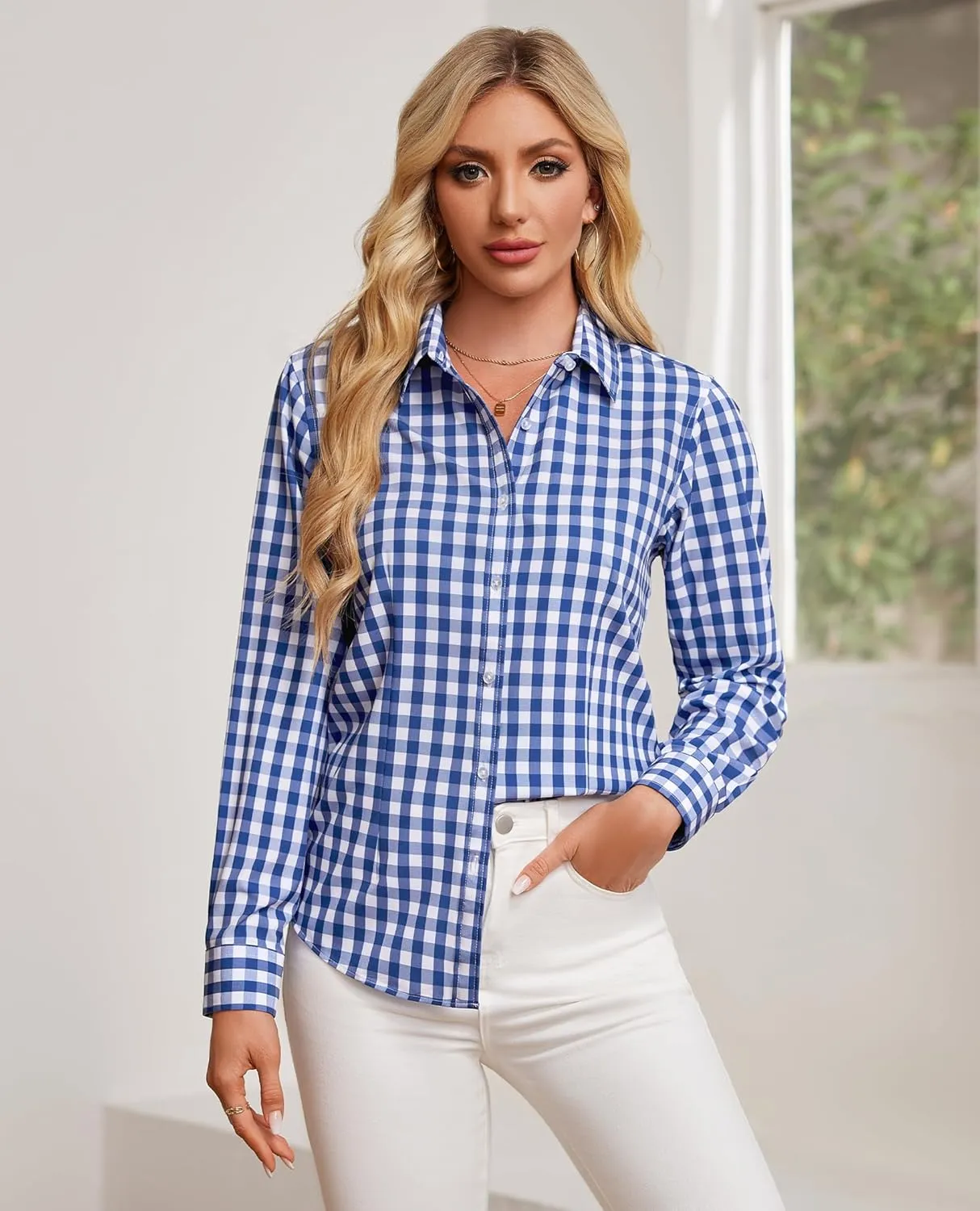 Women's Button Down Shirts Long Sleeve Dress Shirts Collared Fitted Work Office Blouse Tops Wrinkle Free