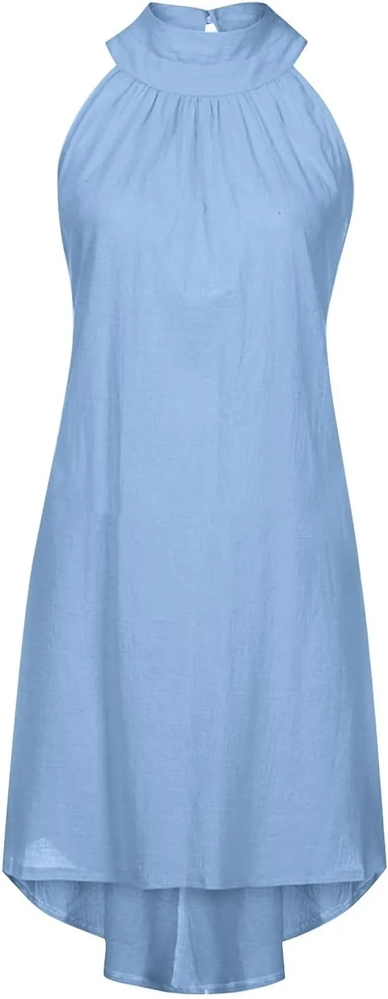 Women's Casual Tie Back Halter Neck Flared Hem Flowy Pleated Beach Sundress Sleeveless Summer A Dresses for Juniors