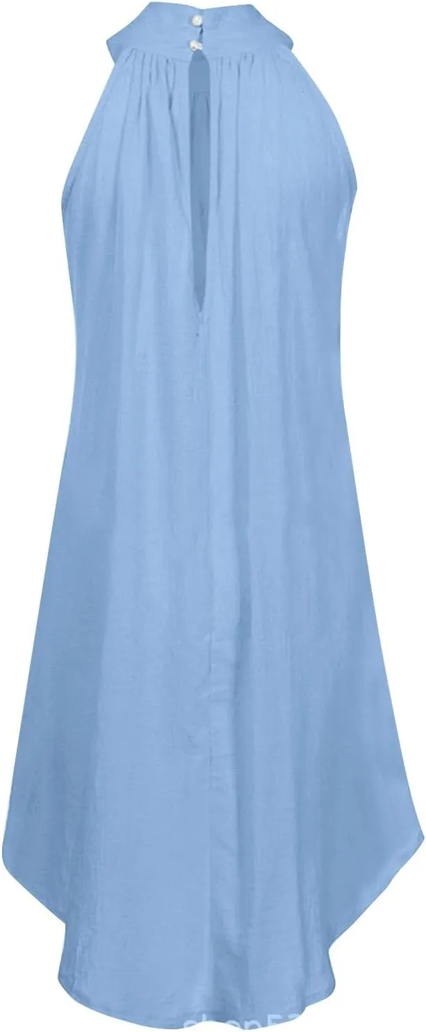 Women's Casual Tie Back Halter Neck Flared Hem Flowy Pleated Beach Sundress Sleeveless Summer A Dresses for Juniors
